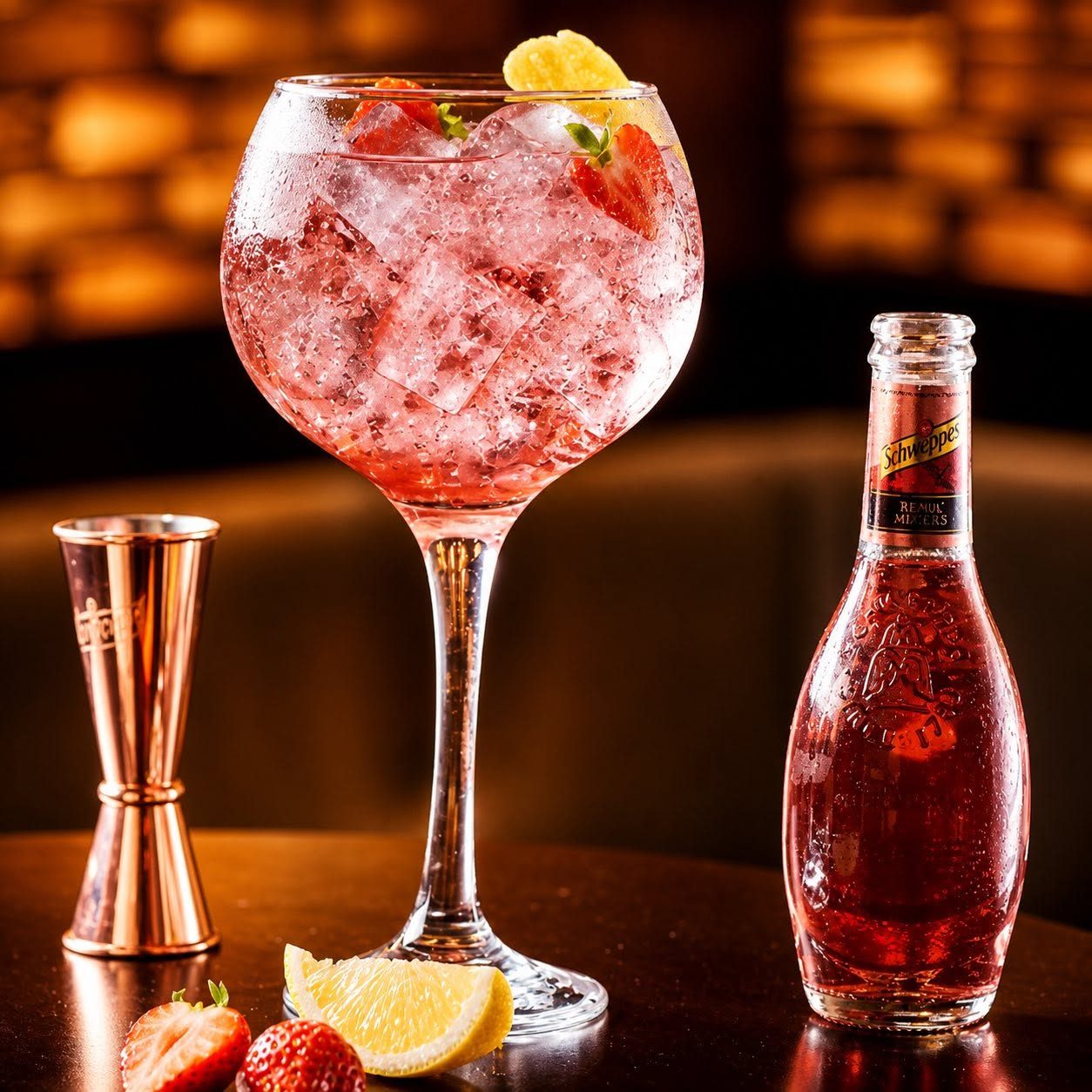 Grand verre ballon de gin tonic aux fraises, quartiers de citron et doseur en cuivre