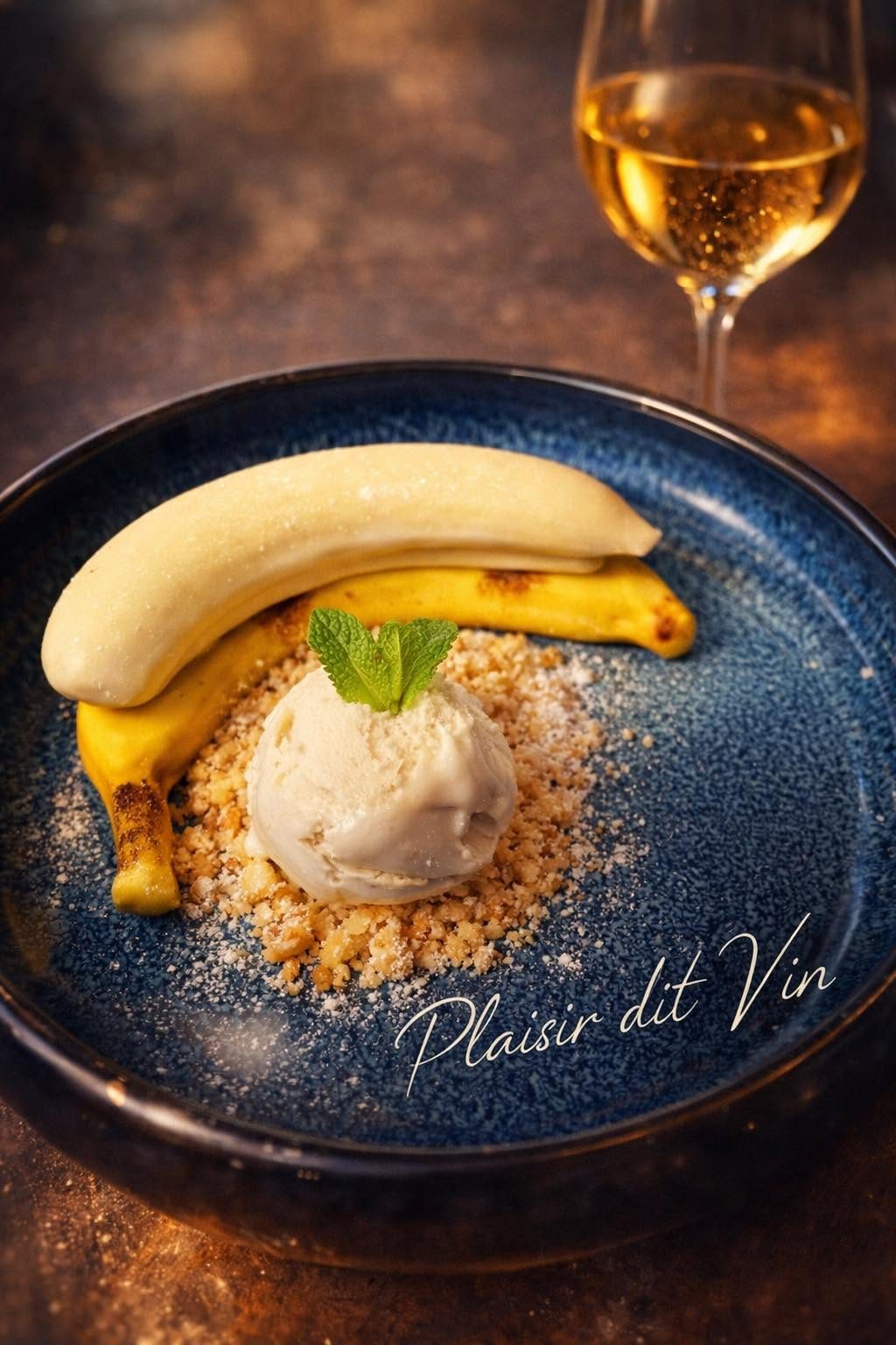 Banane rôtie, glace artisanale et crumble sur assiette bleue mouchetée