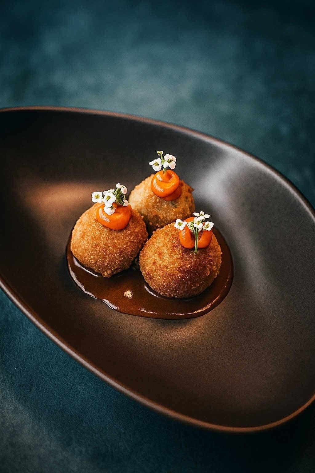 Croquettes dorées, pointes de purée de poivron et fleurs blanches sur une assiette brune