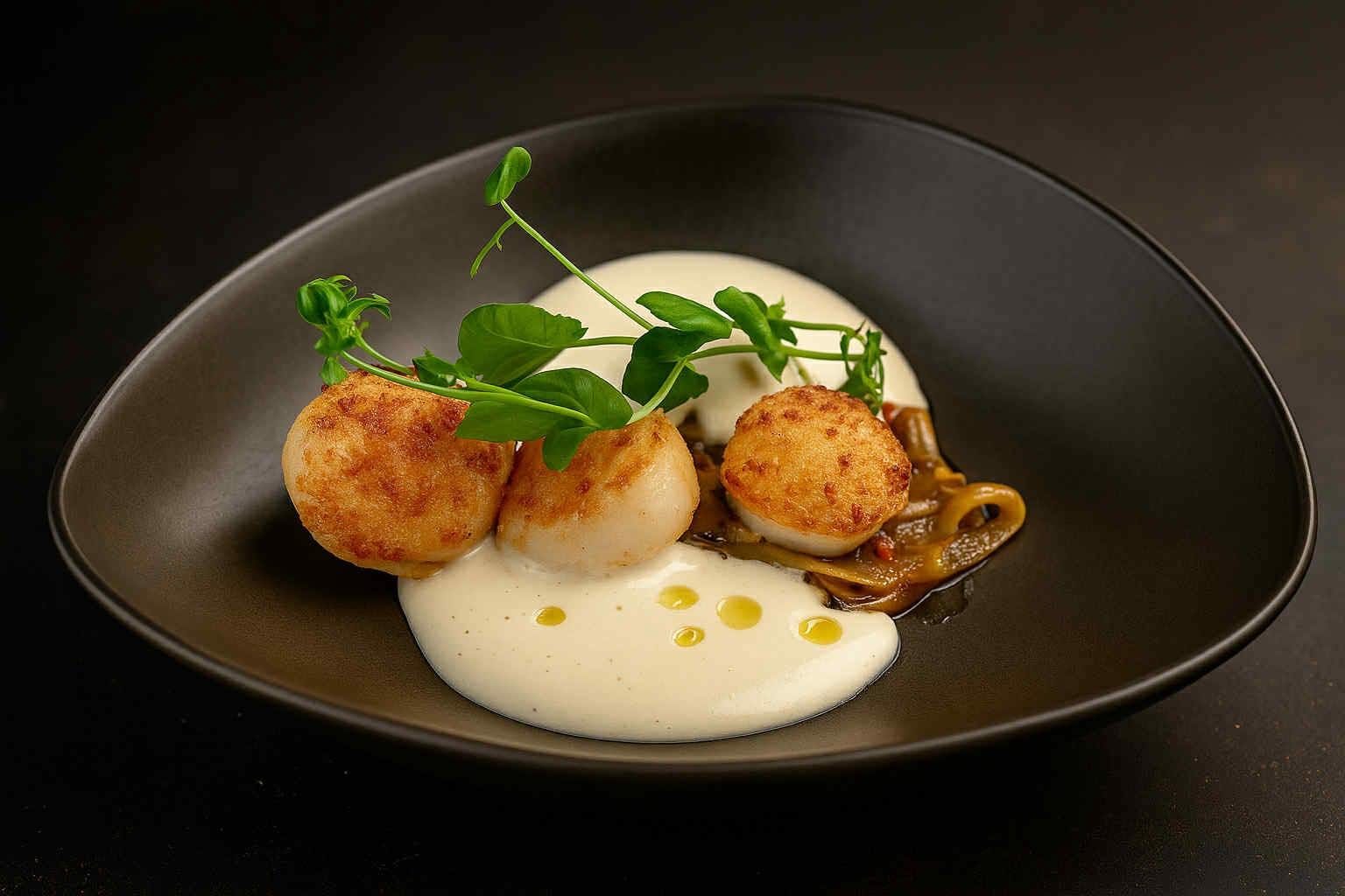 Noix de Saint-Jacques snackées, crème légère et pousses de petits pois