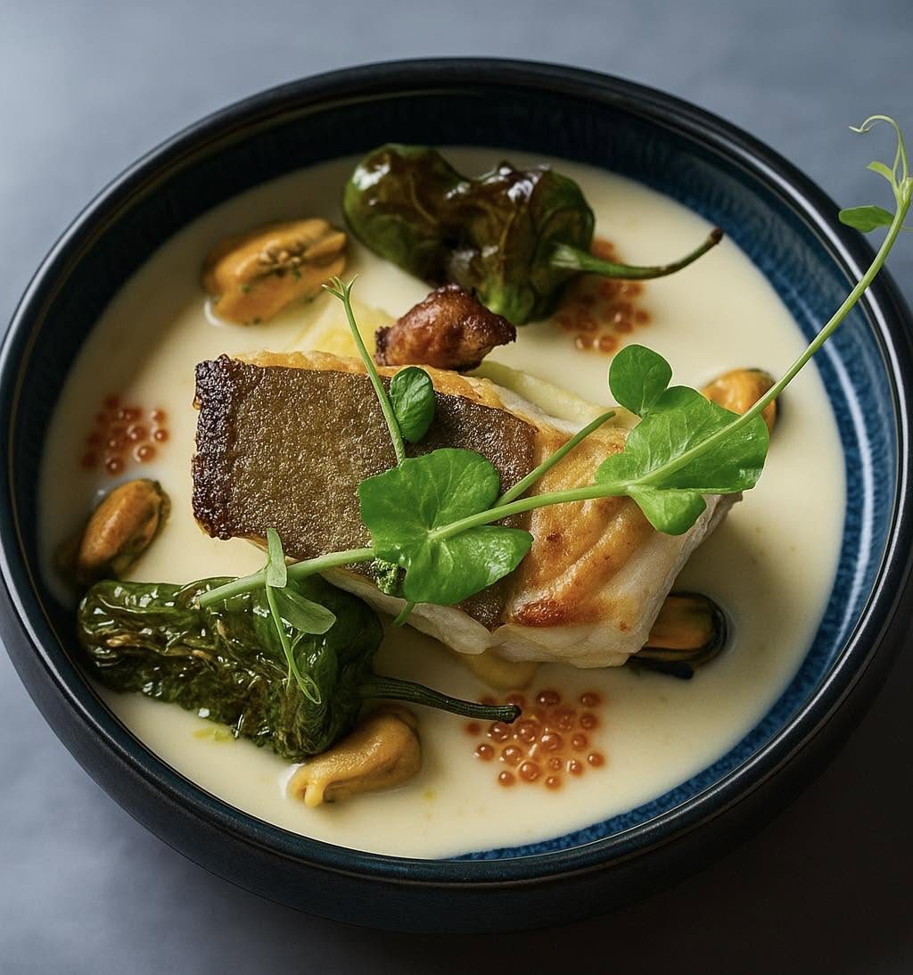 Filet de poisson doré, moules et légumes verts dans un bouillon crémeux